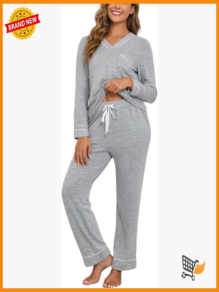 Long Sleeve Pajama Set With Pockets V Neck Soft Loungewear 2 Piece S-Xxl